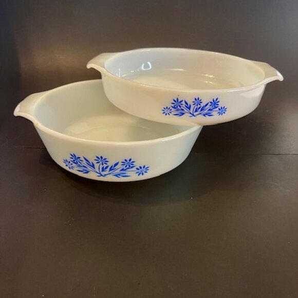 Set of 2 Anchor Hocking Fire King Milk Glass Casserole Dishes, Blue Floral - Picture 1 of 13